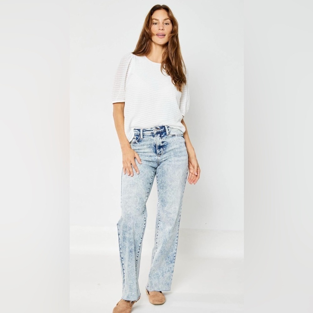 Judy Blue High Waist Mineral Wash Raw Hem Wide Jeans, Sz 13/31